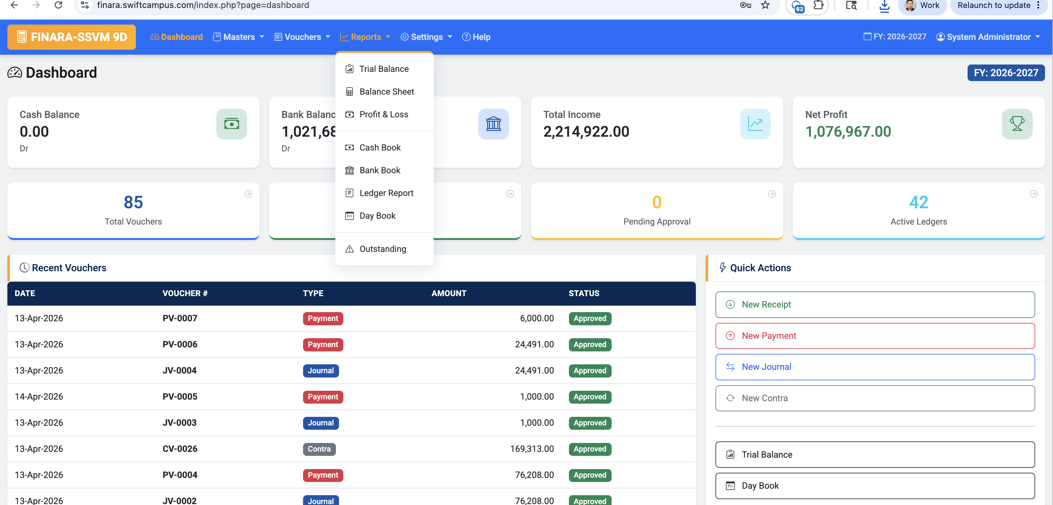 Finara Vouchers and Reports menu — Receipt, Payment, Journal, Contra Vouchers with Trial Balance and P&L