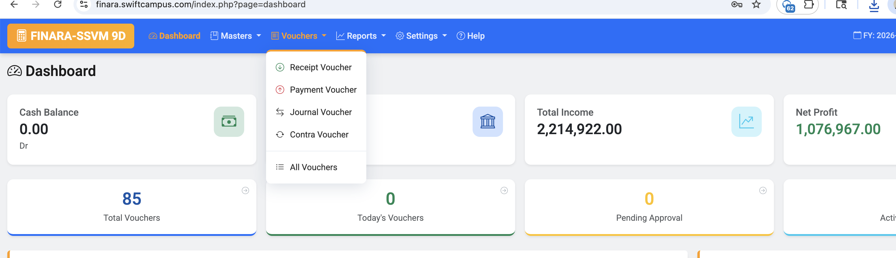 Finara full dashboard — Recent Vouchers table with Quick Actions panel